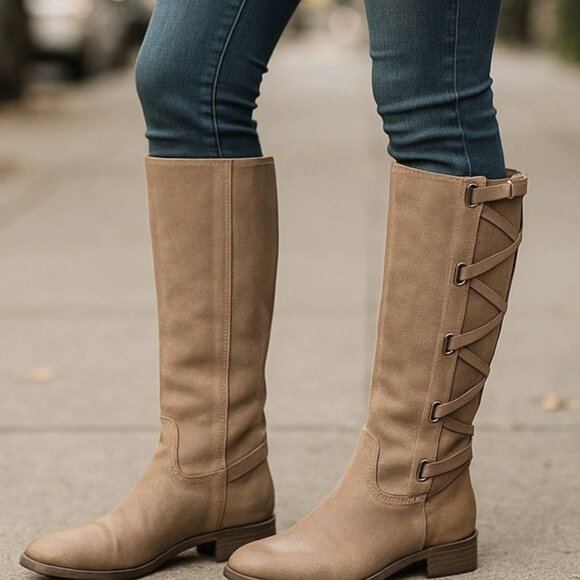 BCBGeneration Shoes - BCBG Janiss Blonde Leather Lace Back Tall Boots 8.5 Distressed Lived In Moto
